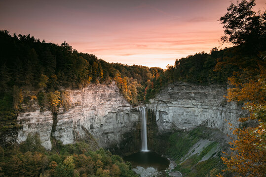 Taughannock falls in New York during a fall sunset