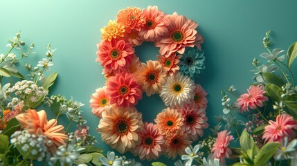 an 8 made of flowers, in the style of 8k 3d, typography, delicate paper cutouts, light emerald and amber, creative commons attribution, cute and colorful, pictorial 
