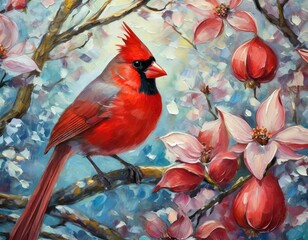 Red Cardinal in Dogwood Tree