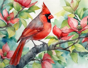 Red Cardinal in Dogwood Tree