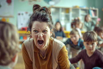 An angry, dissatisfied teacher yells at children in a kindergarten or school. Naughty children - obrazy, fototapety, plakaty