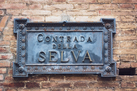 Ornament of the Contrada della Selva on building's wall in Siena, Italy