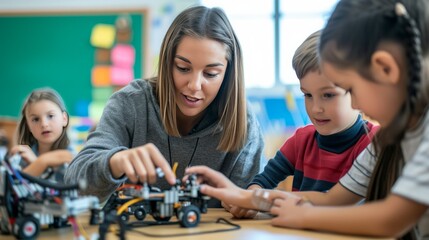 Elementary school coding: Teacher demonstrates mechanical robot programming to young students