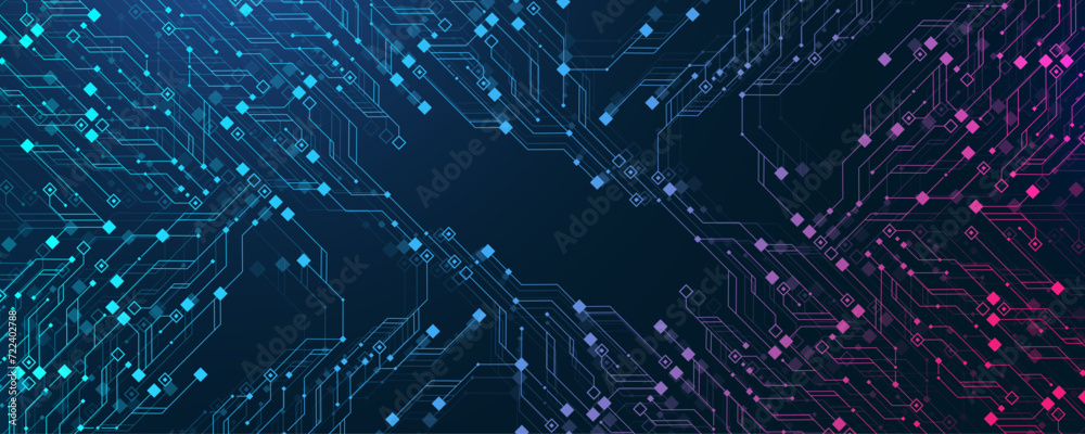 Fototapete Quantum computer technologies concept. Futuristic blue circuit board background vector. Modern technology circuit board texture background design. Waves flow. Quantum explosion technology.