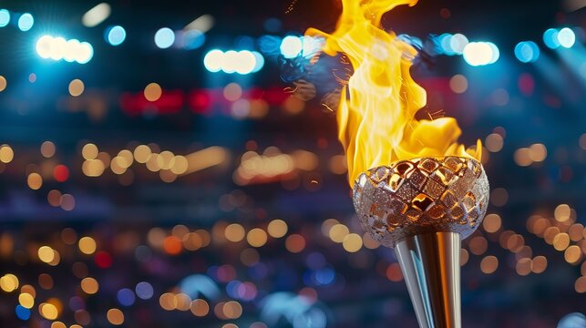 Fiery olympic torch against blurred sports arena, with text space for creative messaging
