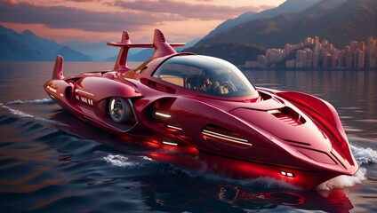A red speedboat on the coast