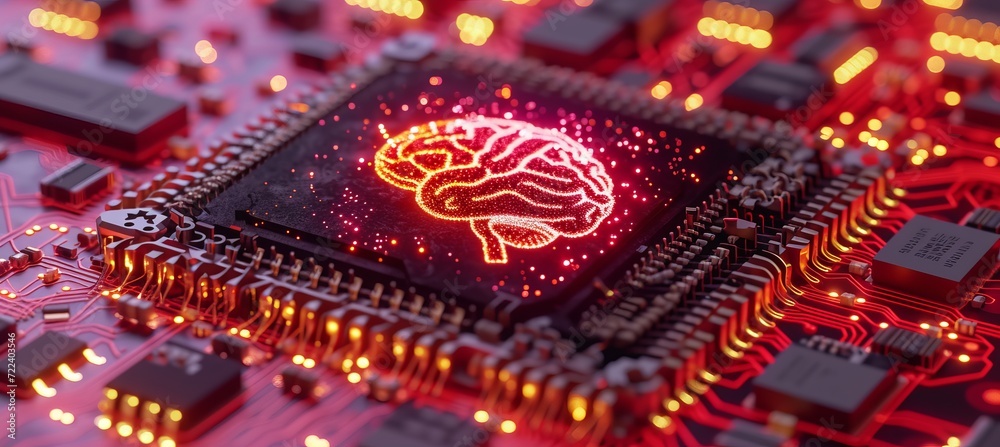 Poster shining brain icon on cpu with interactive holographic security elements and copy space