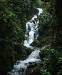 Naklejka premium a waterfall surrounded by tree leaves and moss