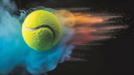 Vibrant tennis ball in swirling smoke on black background, creating captivating visual effect
