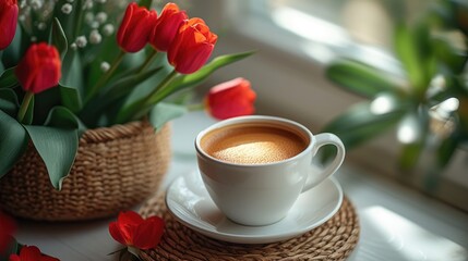 Fototapeta na wymiar coffee in a cup set in front of tulip, a basket and red rose, in the style of minimalist imagery