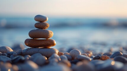 The concept of balance. A perfectly balanced arrangement of natural sea stones in a composition outdoors in nature.