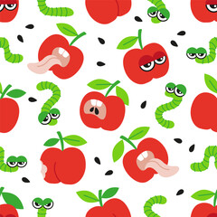 Vector hand drawn seamless pattern. Red crazy apples and caterpillar on white background