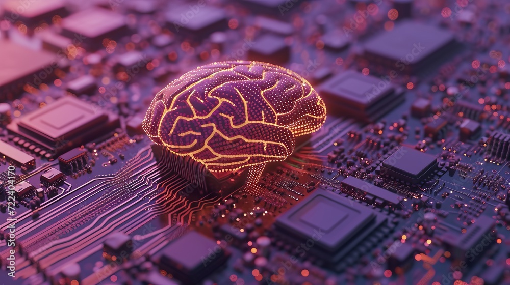 Aufkleber shining brain icon on cpu with interactive holographic security elements and copy space for text