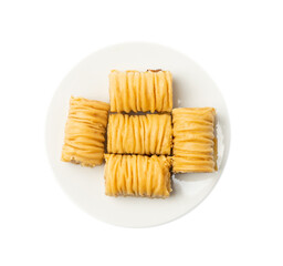 Rolled Baklava Isolated, Ramadan Dessert Roll on Restaurant Plate, Eastern Sweet Pastries