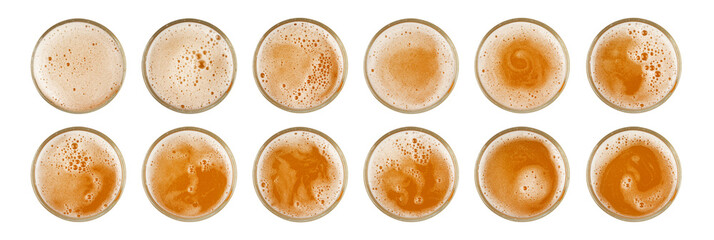 Beer Isolated Top View, Unfiltered Lager in Glass, Wheat Beer with Foam, Bubbles on Alcohol Drunk Mug Top
