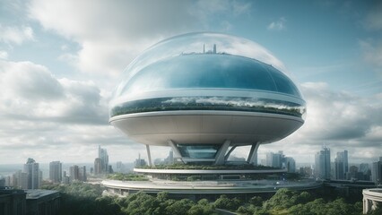 Transport yourself to a visionary landscape with this striking image, depicting a city of the future nestled under a vast, transparent dome. The urban expanse, intricately designed and illuminated, sp - obrazy, fototapety, plakaty