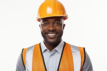 Confident construction worker wearing uniform standing against a clean white background