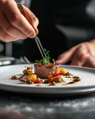A chef's hand decorates a finished haute cuisine dish with tweezers. Exquisitely cooked steak meat. Restaurant and tunic in the background. Commercial food photography for a restaurant.