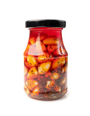 Pickled Garlic, Fermented Garlic Cloves with Red Chili Pepper, Hot Pickle Vegetable, Spices Garlic Cloves