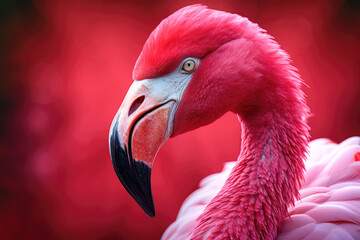 Macro close up of pink flamingo, vibrant colors