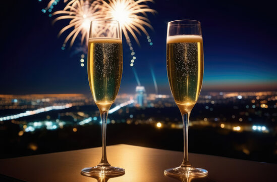two glasses of champagne, by the window, outside the window, a view of the city at night from above, fireworks in the night sky.