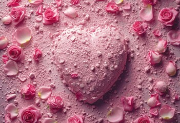 Obraz na płótnie Canvas heart shape surrounded by petals and powder on pink background with copyspace