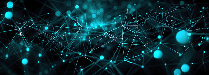 An abstract background featuring a mesh of technology particles, creating a visually intricate and interconnected pattern