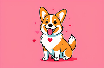 A large full-length portrait of a cheerful corgi on a solid pastel pink background with hearts.