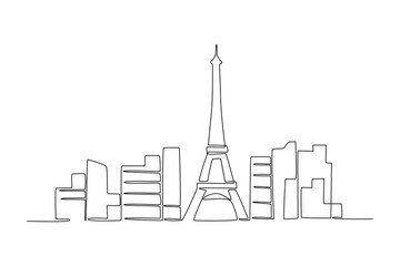 One continuous line drawing Paris city skyline, France. Beautiful skyscraper. World landscape tourism travel vacation wall decor poster art concept. Stylish single line draw design vector illustration