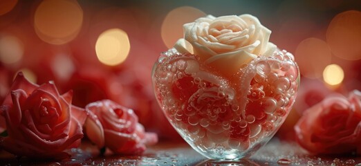 hearts of rose flowers in a glass, box, or heart, in the style of light red and white, made of rubber