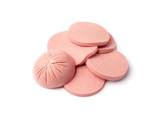 Mortadella Slice Isolated, Luncheon Meat Cut, Chicken Ham, Boiled Sausage for Breakfast