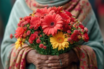 holding flowers, text reads happy women's day, in the style of light red and dark maroon