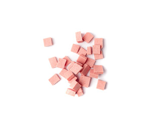 Diced Mortadella Slice Isolated, Luncheon Meat Cut, Chicken Ham Cubes, Boiled Sausage for Breakfast