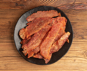 Meat Jerky Isolated, Dry Salted Chicken Slices, Small Pieces of Dehydrated Beef, Beer Snacks, Dried Pork