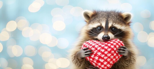 Cute raccoon presenting heart shaped gift on magical blurred background for valentine s day card