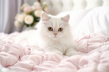 cute cat on a white bed