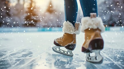 Close-up of women's legs in vintage skates against the background of an ice rink in snowy winter. Generated AI