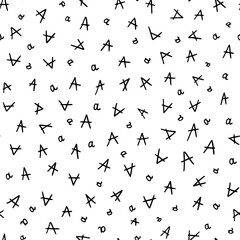 Black and white letter A seamless pattern, handwritten letters.