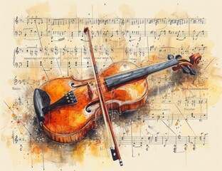 Fototapeta na wymiar Abstract watercolor violin and notes