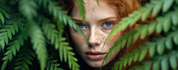 Young woman model with red hair and freckles posing in green jungle leaves, closeup detail to face. Generative AI - obrazy, fototapety, plakaty