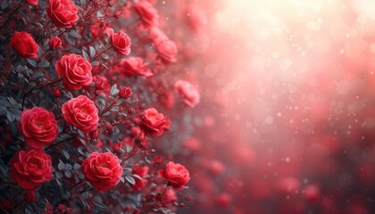 many red roses on a pink background, in the style of realistic scenery, light gray and red
