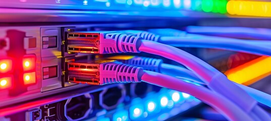 Dynamic and dramatic server room backdrop with network cables and lights, copy space available