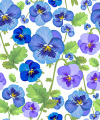 Pansies. Spring garden flowers and plants. Blue petals and buds on a white background. Vector pattern.