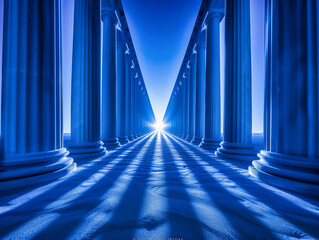 Modern Architecture with Light, Interior Perspective, Building Corridor, Abstract Dark Design, Tunnel Bridge Construction, Road Night Concrete Travel, Illuminated Blue Background