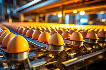 eggs on a belt moving along a conveyor line