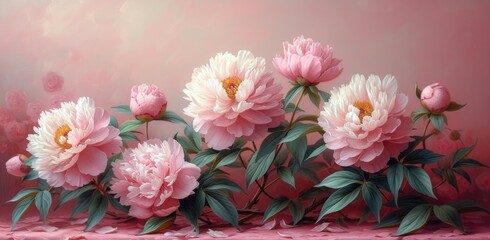pink peonies on pink background, in the style of photorealistic pastiche, playful elegance