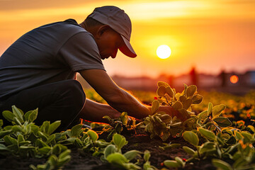 a farmer works near the harvest, at sunset - obrazy, fototapety, plakaty