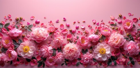 pink peonies petals on a pink background, in the style of ornate still lifes, modern, elegant 