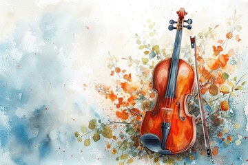 Abstract watercolor violin and bow 