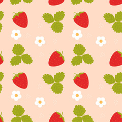 Seamless pattern Strawberry with flowers and leaves, vector illustration. Berry, flowers, leaves isolated. Summer design textile print in cartoon, flat style.
